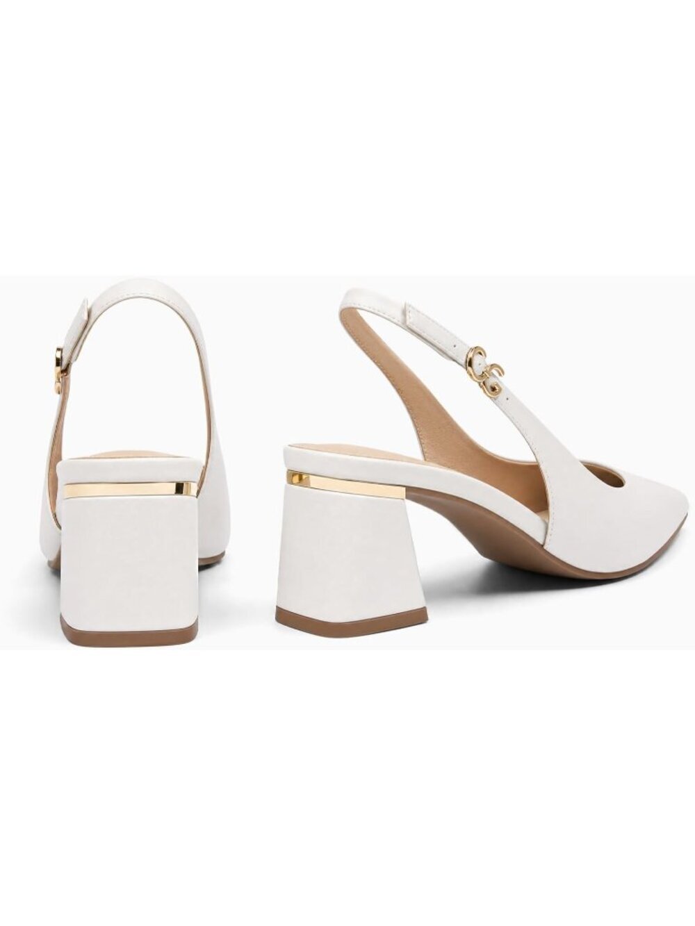 Women's White Chunky Heels Pointed Closed Toe Pumps Adjustable Strap Shoes - Picture 5 of 5